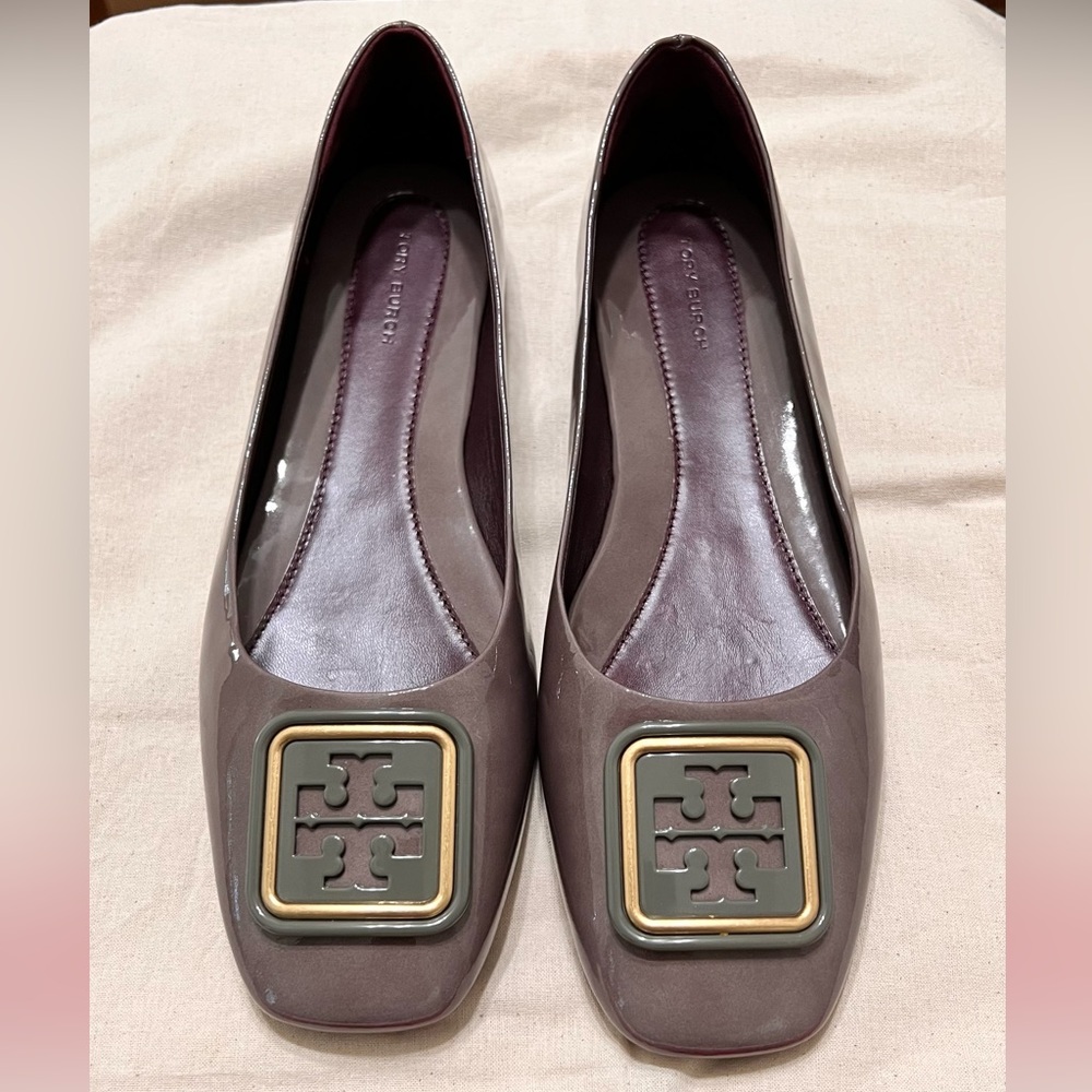 Tory Burch Georgia Square Toe Leather Ballet Flats Smoke Gray Size 9.5 NWT!!